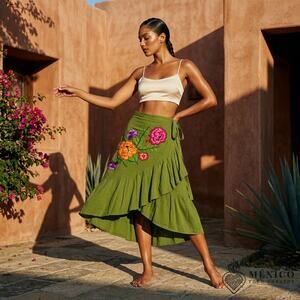 Mexican wrap skirt with embroidery ruffled detail fits xsmall to xlarge salmon